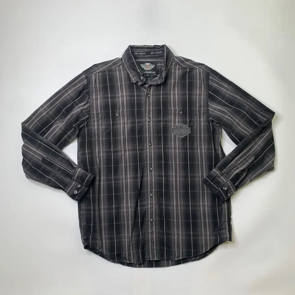 Harley Davidson Shirt Men M Medium Gray Black Cotton Plaid Button Up Long Sleeve